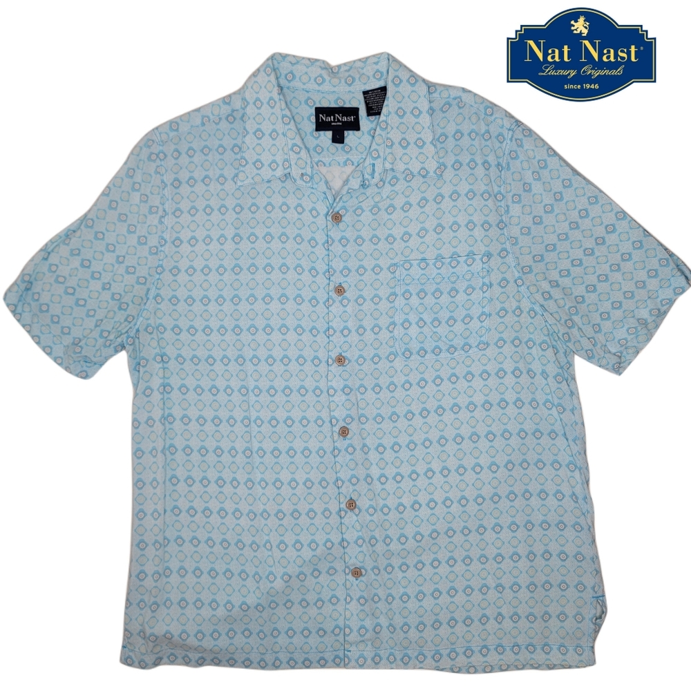 Nat Nast blue soft short sleeve button up collared shirt size large.